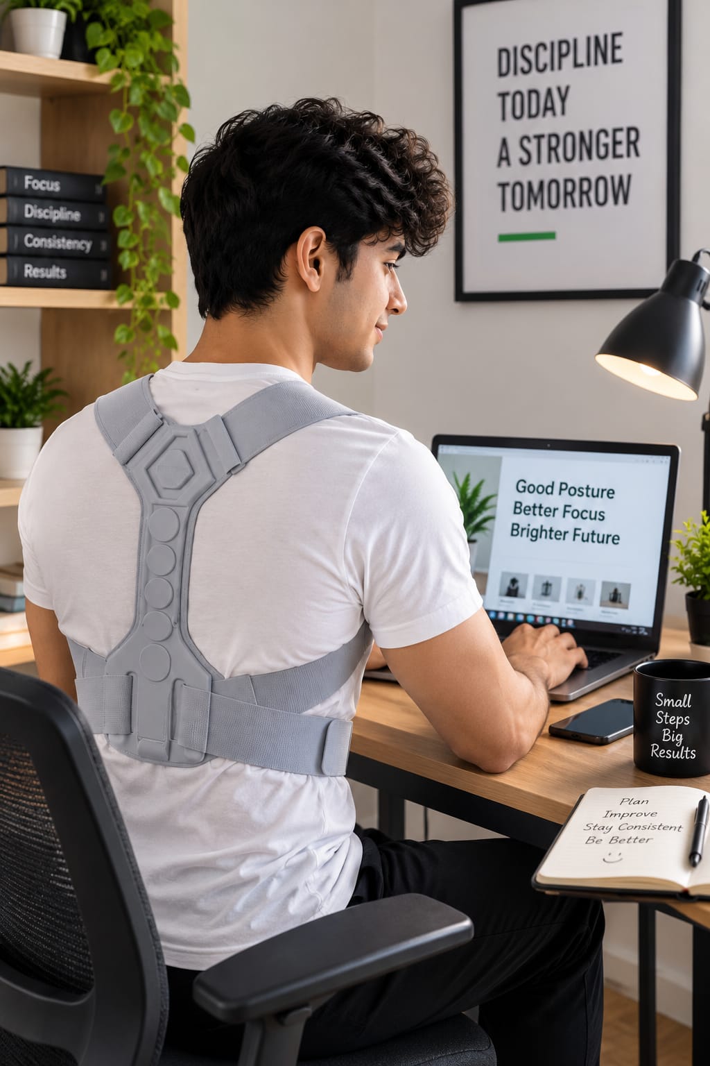 man wearing adjustable posture corrector belt for upper back support
